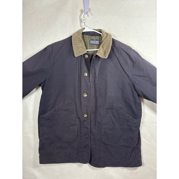 Lands End Mens Cotton Jacket L Navy & Brown Plaid Lining Button-Up Made In China - Picture 1 of 12